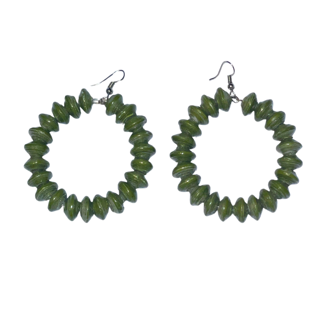 Chunky Hoop Earrings | Forest Olive Green | On White | ETHICAL JEWELLERY AUSTRALIA WHOLSALE | PAPER BEAD JEWELLERY | AFRIBEADS