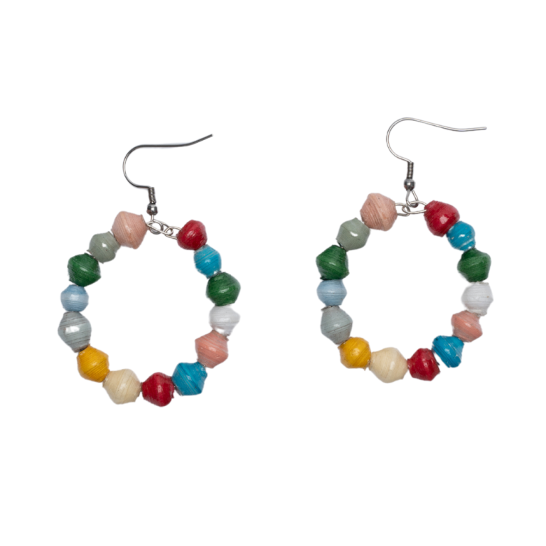 Hoop Earrings | Multicoloured | On White | ETHICAL JEWELLERY AUSTRALIA WHOLSALE | PAPER BEAD JEWELLERY | AFRIBEADS