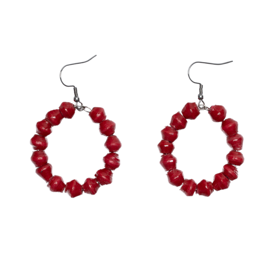 Hoop Earrings | Red | On White | ETHICAL JEWELLERY AUSTRALIA WHOLSALE | PAPER BEAD JEWELLERY | AFRIBEADS