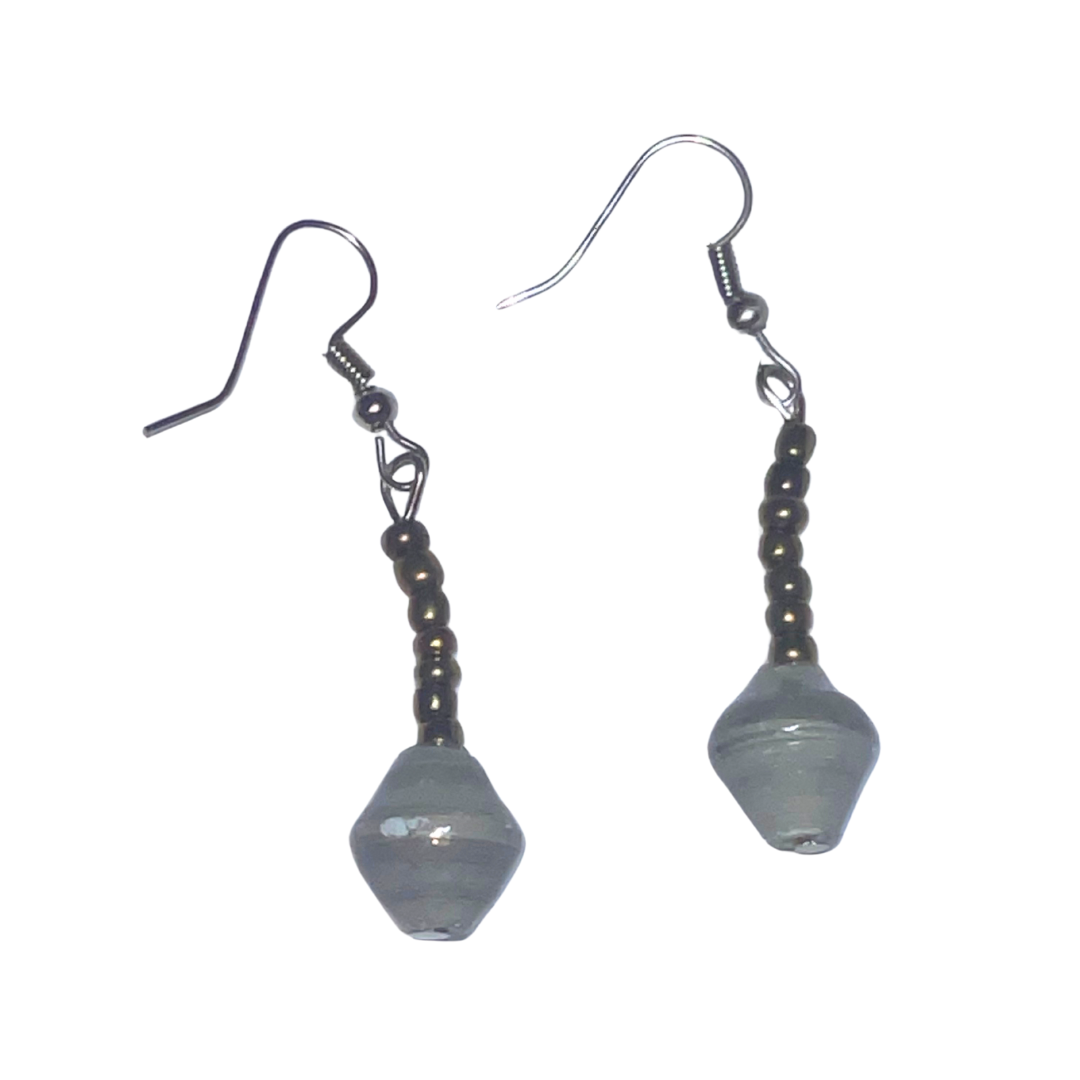Single Drop Earrings | Garden Grey | On White | ETHICAL JEWELLERY AUSTRALIA WHOLSALE | PAPER BEAD JEWELLERY | AFRIBEADS