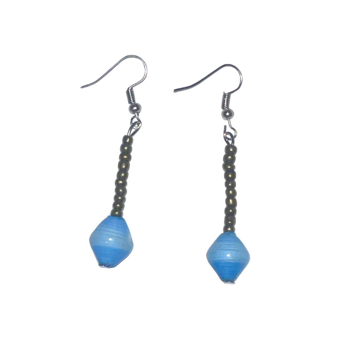 Single Drop Earrings | Garden Pale Blue | On White | ETHICAL JEWELLERY AUSTRALIA WHOLSALE | PAPER BEAD JEWELLERY | AFRIBEADS