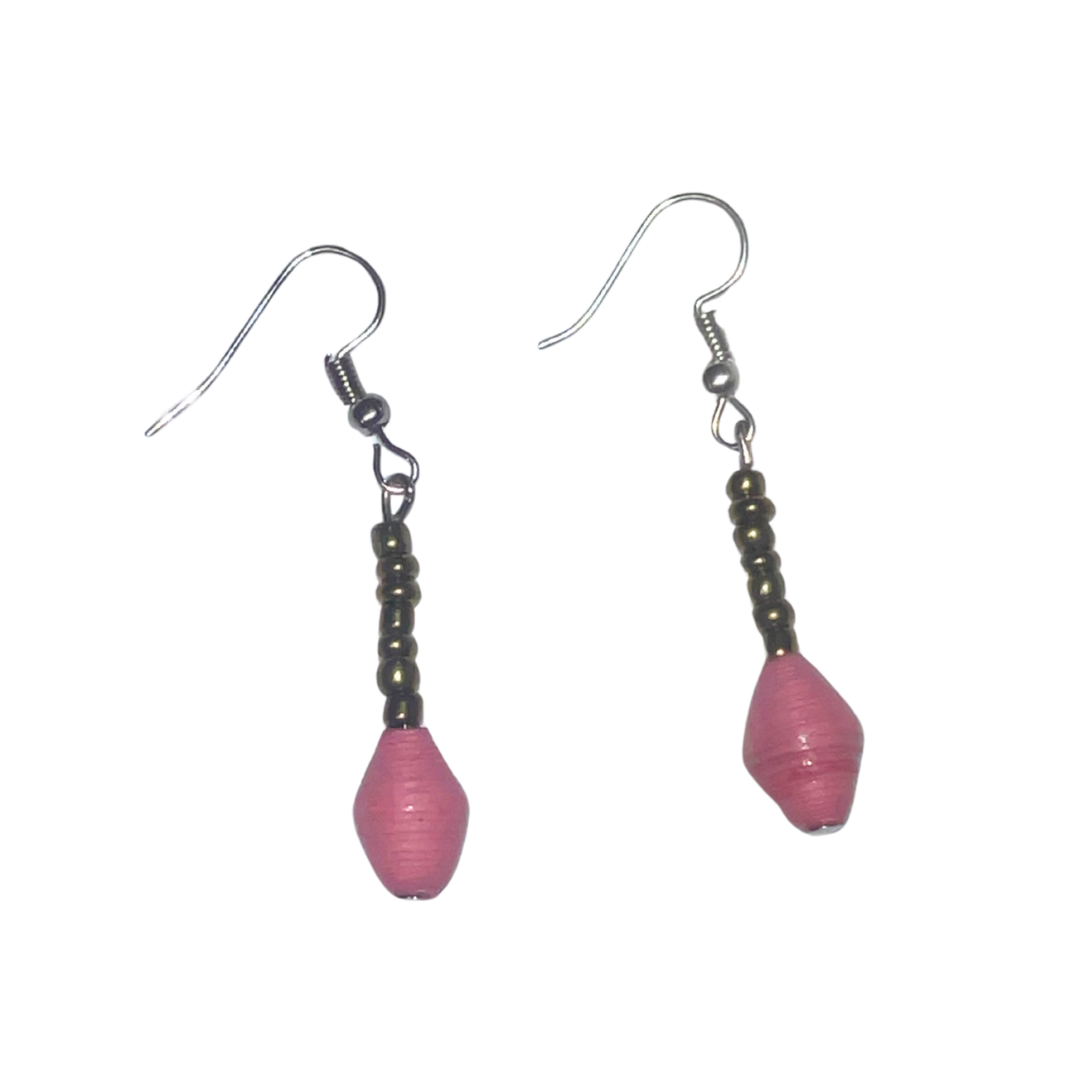 Single Drop Earrings | Garden Pink | On White | ETHICAL JEWELLERY AUSTRALIA WHOLSALE | PAPER BEAD JEWELLERY | AFRIBEADS