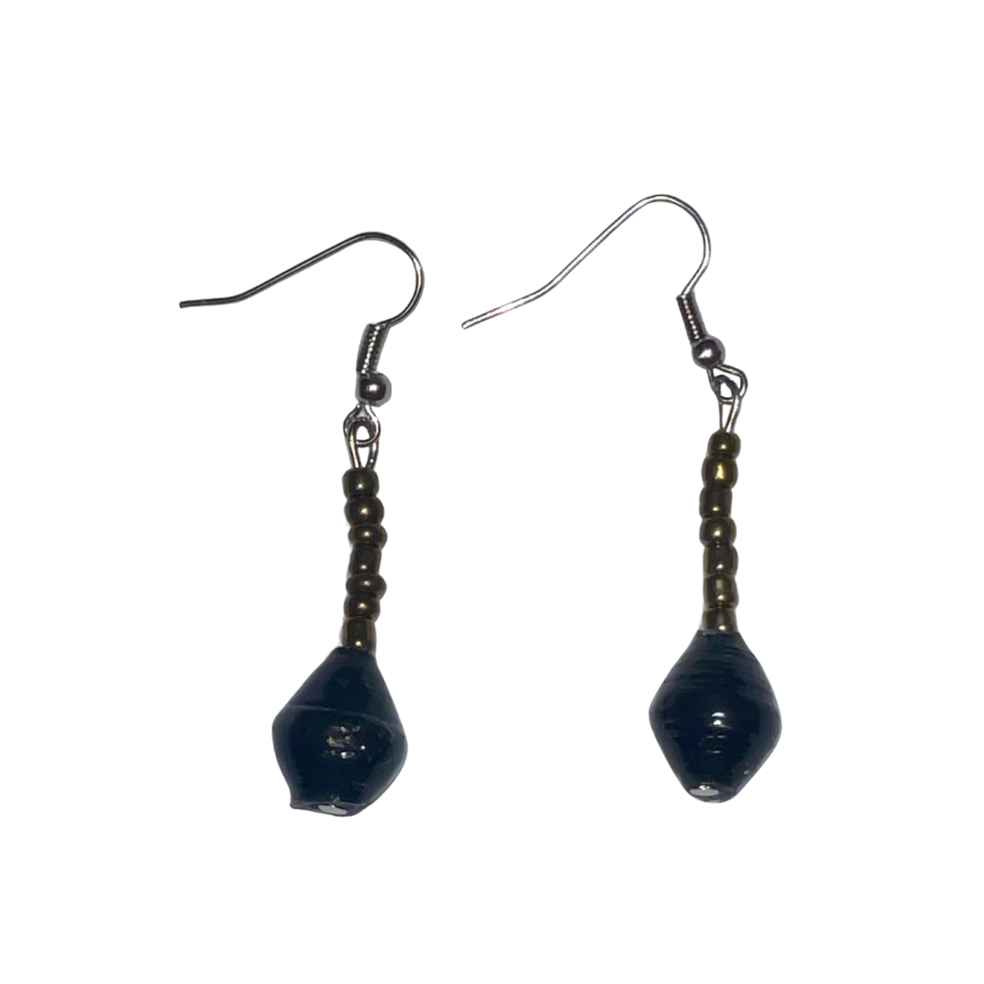 Single Drop Earrings | black | On White | ETHICAL JEWELLERY AUSTRALIA WHOLSALE | PAPER BEAD JEWELLERY | AFRIBEADS
