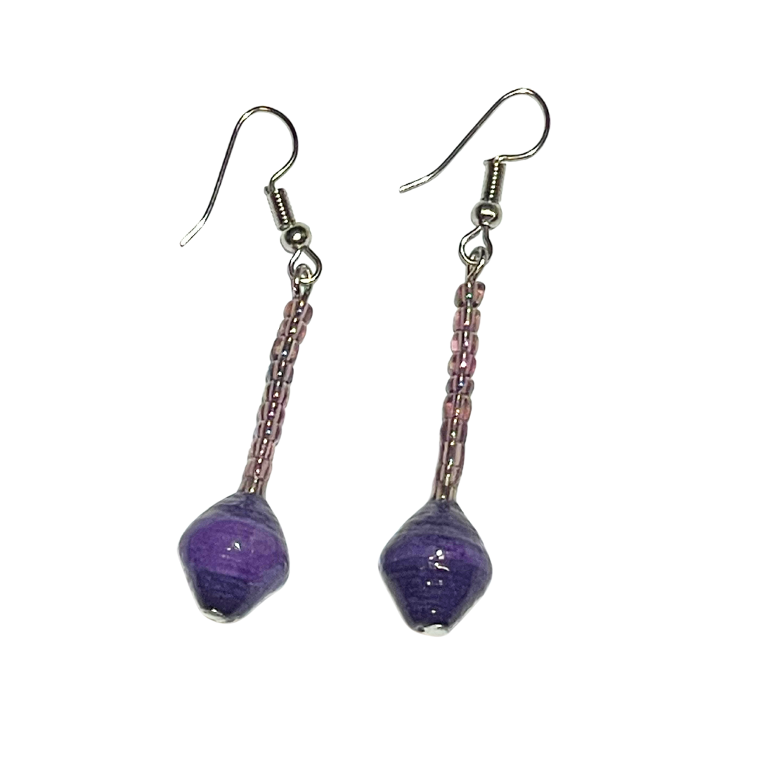 Single Drop Earrings | purple | On White | ETHICAL JEWELLERY AUSTRALIA WHOLSALE | PAPER BEAD JEWELLERY | AFRIBEADS
