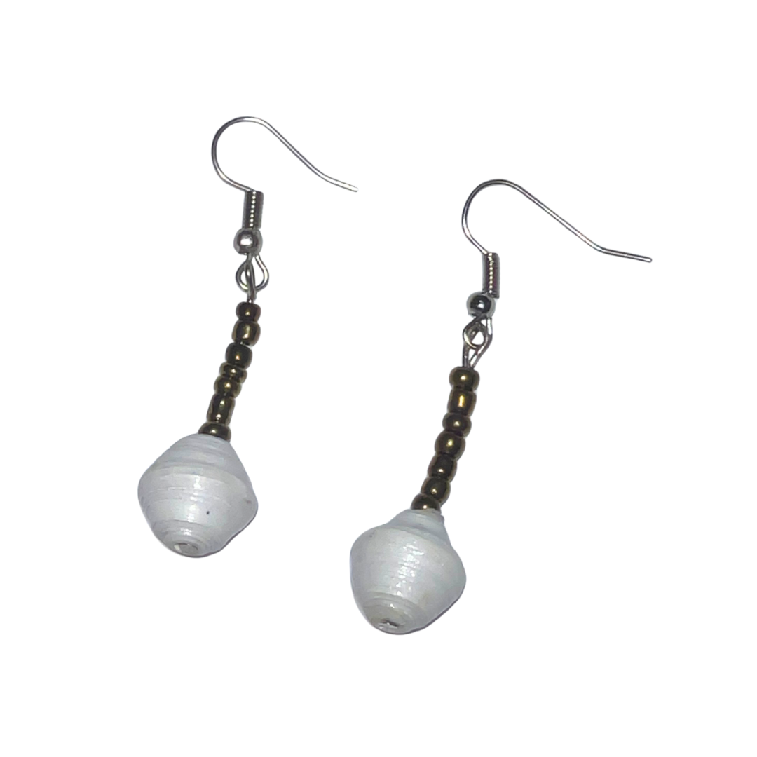 Single Drop Earrings | white | On White | ETHICAL JEWELLERY AUSTRALIA WHOLSALE | PAPER BEAD JEWELLERY | AFRIBEADS