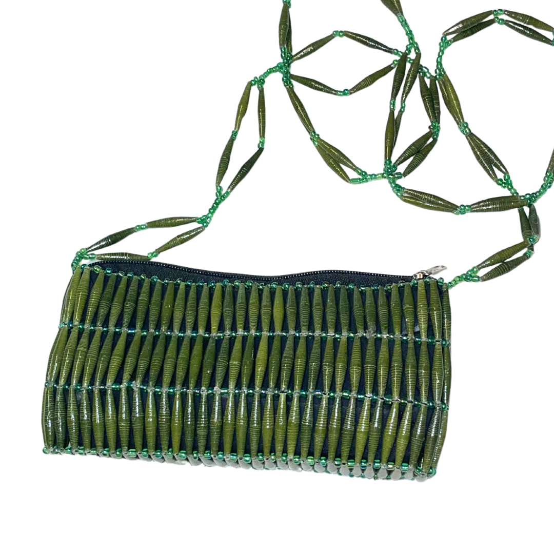 ETHICAL HANDBAG AUSTRALIA WHOLSALE | HANDMADE PAPER BEAD CLUTCH | SHOULDER | FOREST GREEN 2 | Afribeads